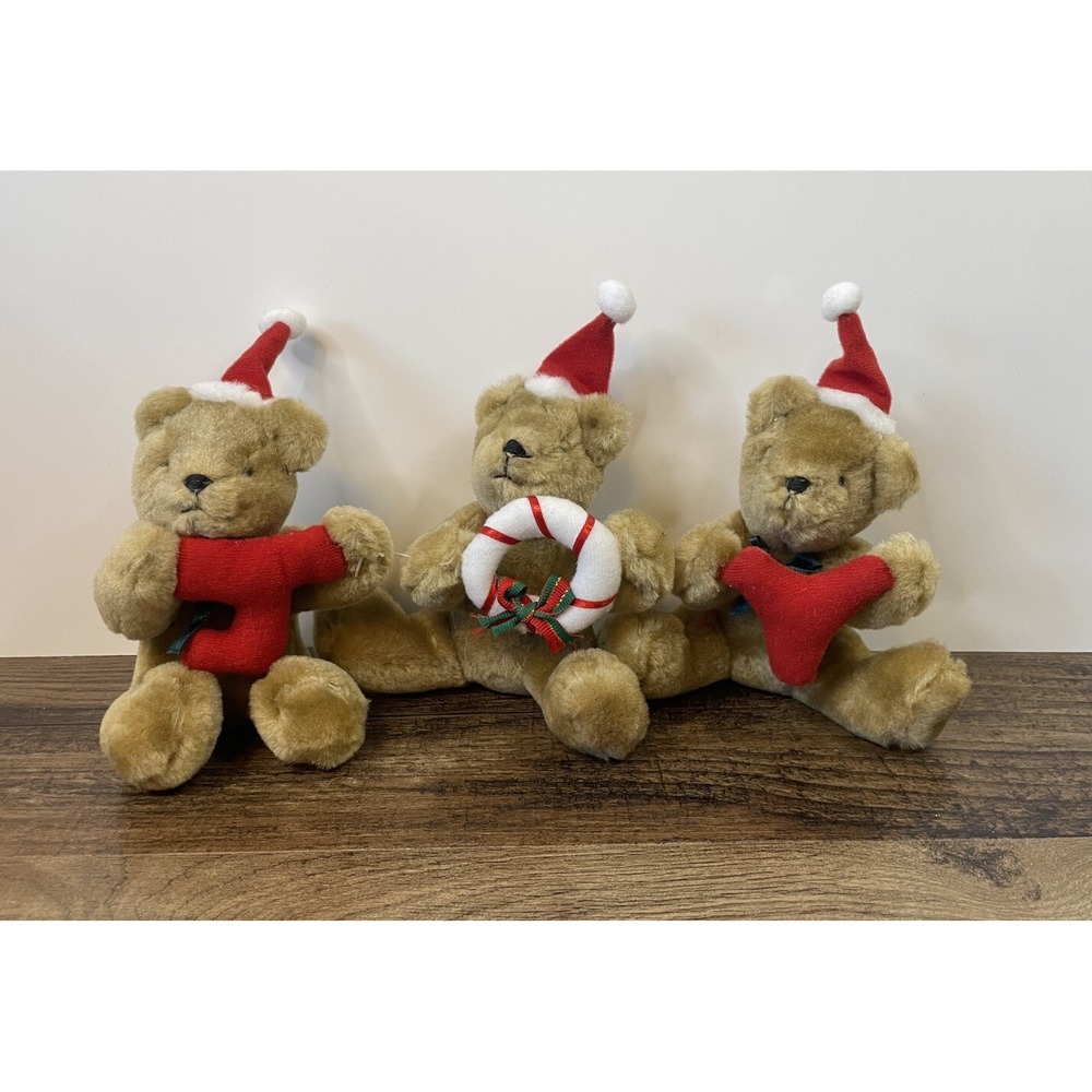 Set Of 3 Christmas 6" Teddy Bear Plush Figures JOY Santa Claus Hats Wreath Bear